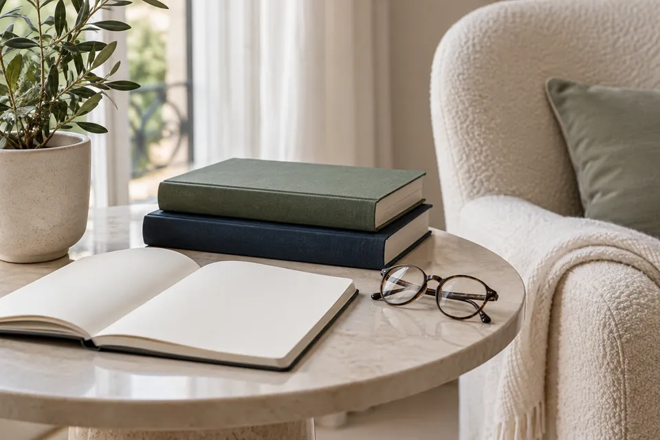 Libri, un quaderno aperto e un paio di occhiali su un tavolino accanto a una poltrona